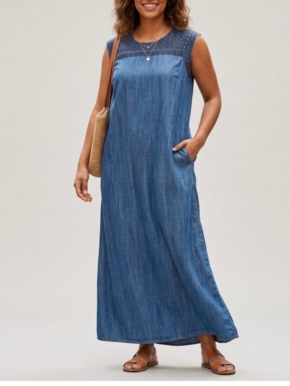 J. Jill Denim Embroidered Shift Dress L Blue 100% Tencel Lyocell Sleeveless NWT